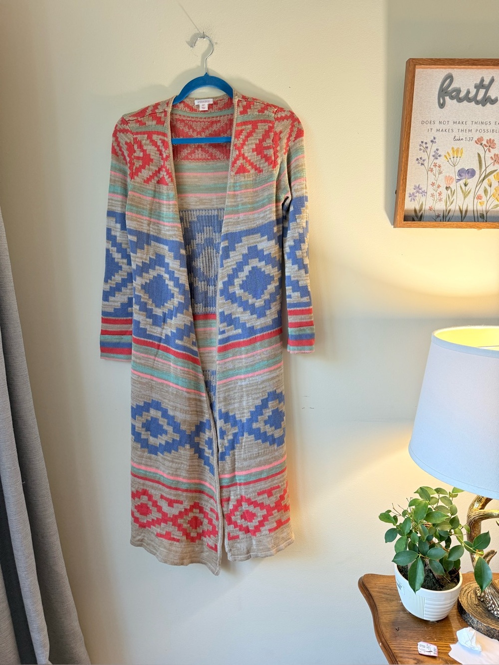 Xhilaration Long Open-Front Geometric Cardigan - Blue, Coral, Cream